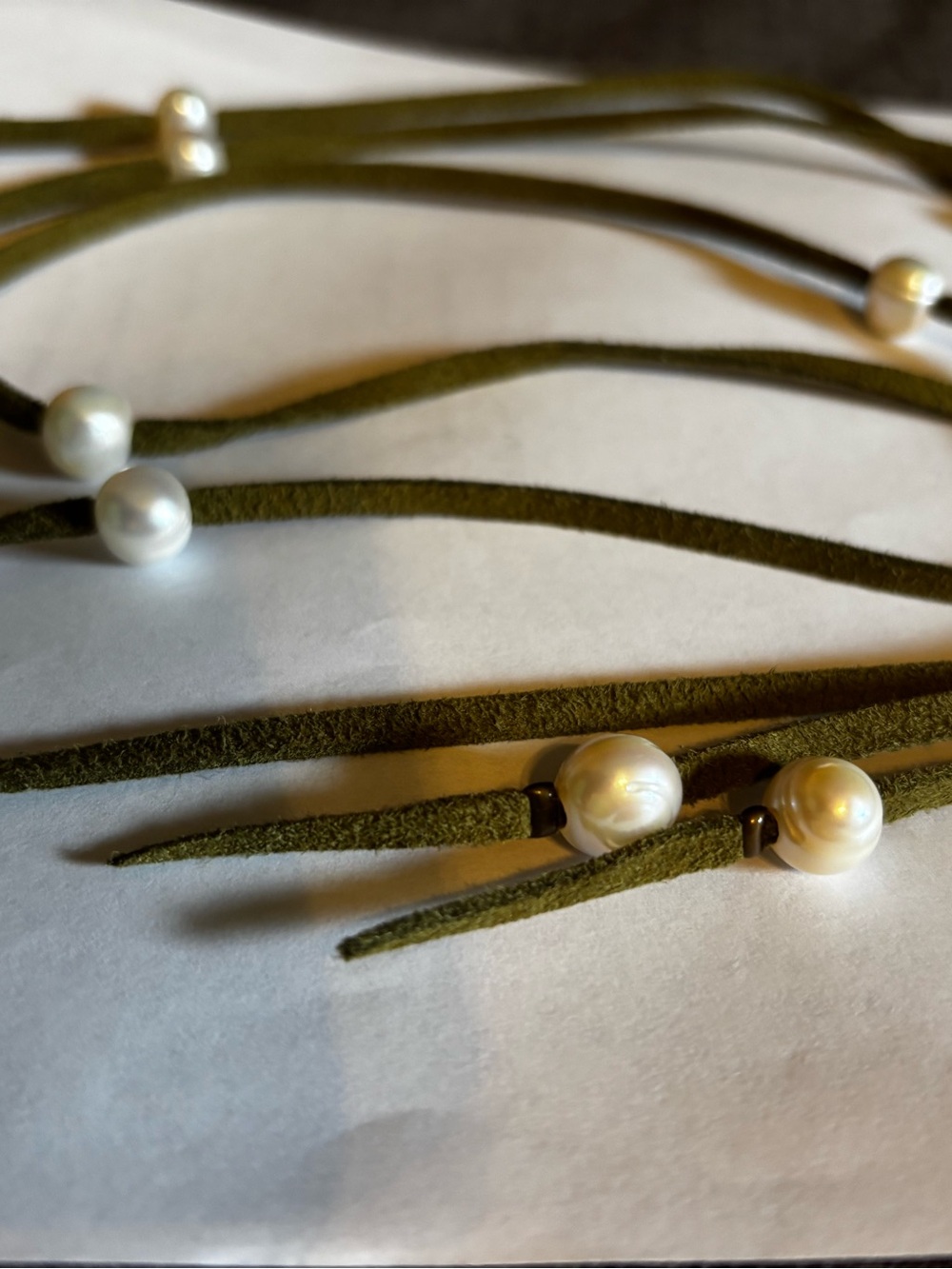 Pearl Suede Lariat Wrap Necklace Olive Green Freshwater Pearl Boho Multi-Wear